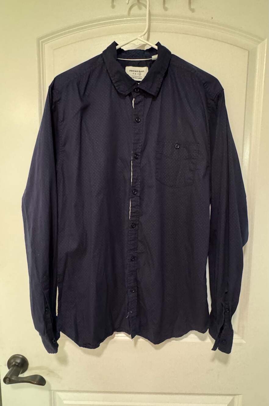 Paper Denim & Cloth Slim Stretch Button Up Shirt Navy Polka Dot XL